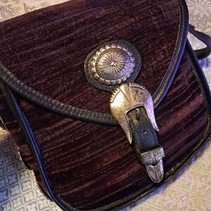 VINTAGE DEEP PURPLE VELVET WESTERN CONCHO LEATHER TRIMMED SHOULDER BAG